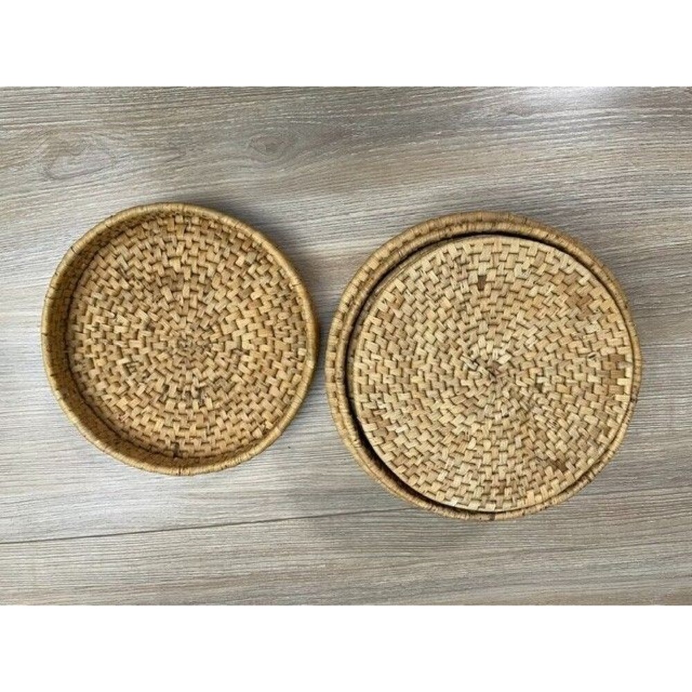Natural Handwoven Rattan Lidded Storage Basket Trivet/Coaster (12) 7 in Diameter - Picture 5 of 7